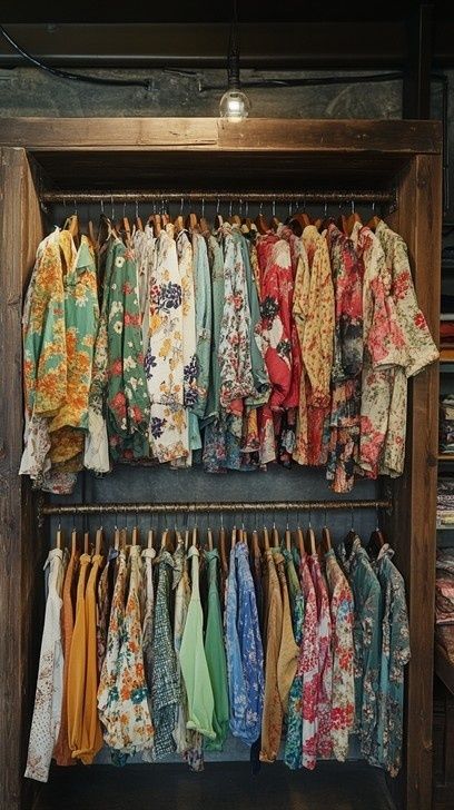 To rækker farverige vintagebluser hænger på træbøjler i en butik