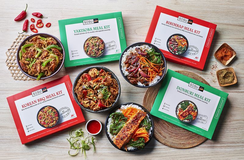 Sosu måltidskasser med Yakisoba, Bibimbap, Korean BBQ og Donburi.